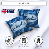 Custom Name Blue Tone Camouflage Abstract Modern Seamless Lovely Square Filled Cushion Throw Pillow Sofa Bed Home Decor Zip Washable UK Made
