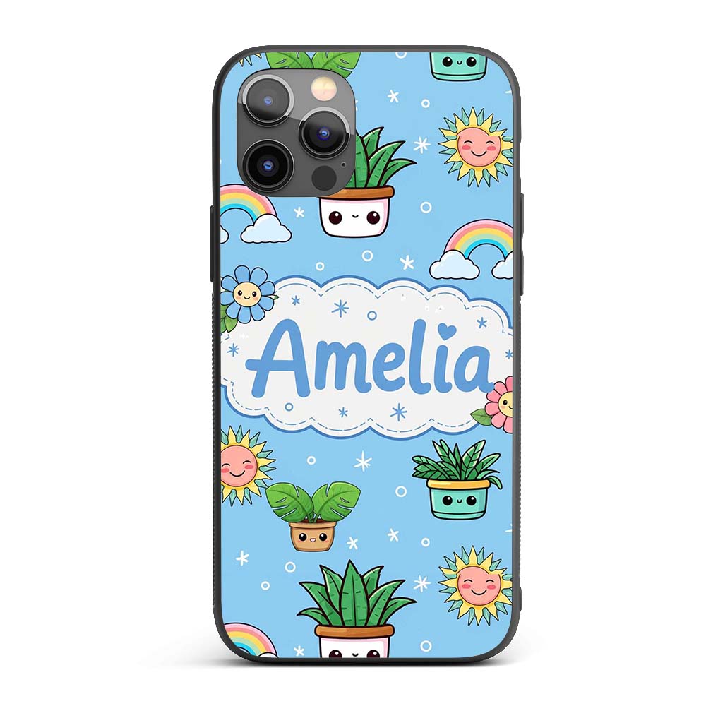 Cute Kawaii Tropical Plants Rainbow Sun Blue Custom Name Protective Phone Case Mobile Cover Durable Everyday Smartphone Shock Resistant