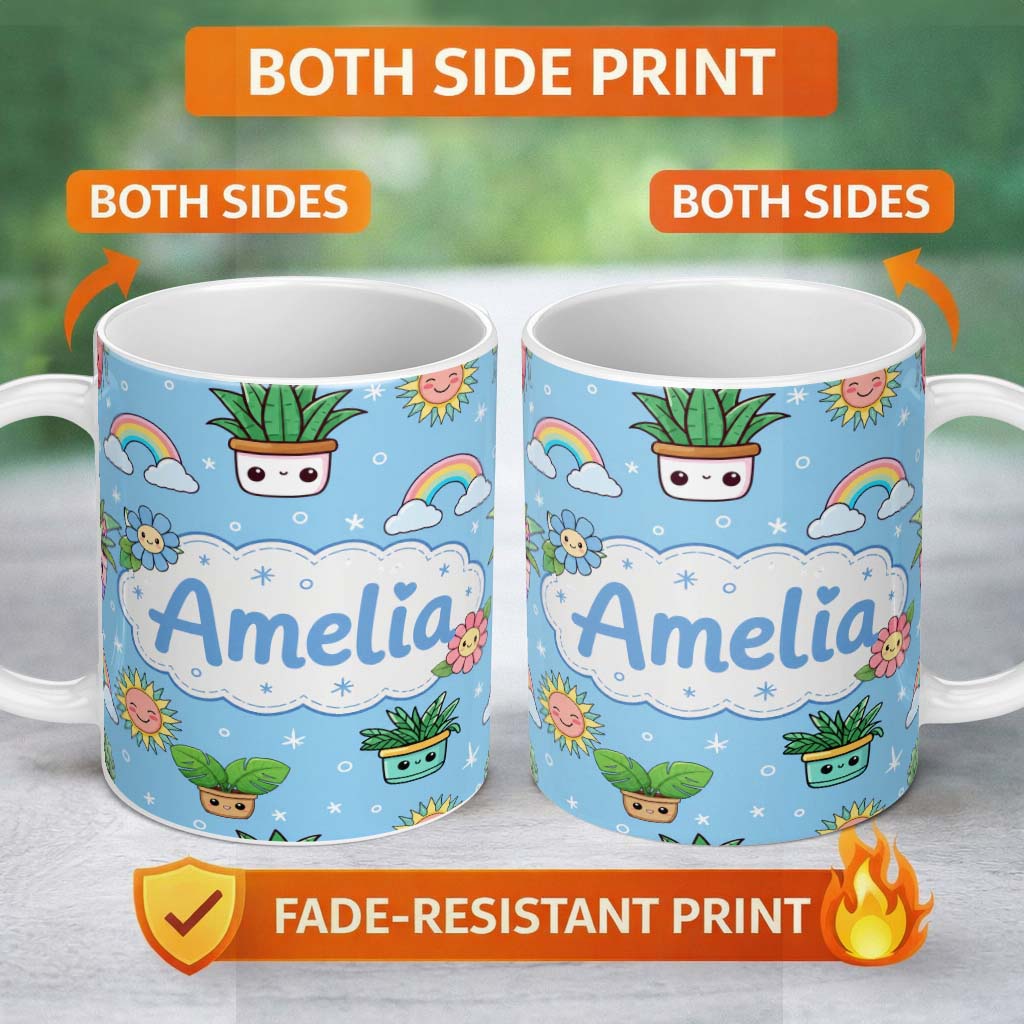 Personalized Custom Name Cute Kawaii Tropical Plants Rainbow Sun Blue Background Seamless 11oz Ceramic Coffee Tea Mug White Large Handle