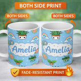 Personalized Custom Name Cute Kawaii Tropical Plants Rainbow Sun Blue Background Seamless 11oz Ceramic Coffee Tea Mug White Large Handle