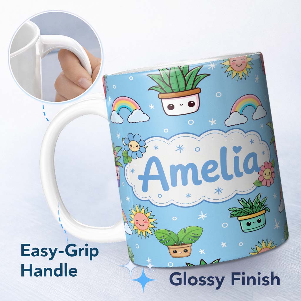 Personalized Custom Name Cute Kawaii Tropical Plants Rainbow Sun Blue Background Seamless 11oz Ceramic Coffee Tea Mug White Large Handle