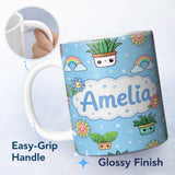 Personalized Custom Name Cute Kawaii Tropical Plants Rainbow Sun Blue Background Seamless 11oz Ceramic Coffee Tea Mug White Large Handle
