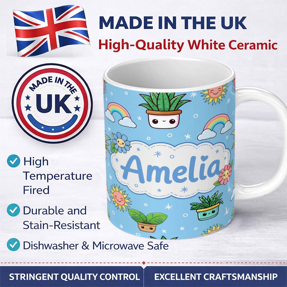 Personalized Custom Name Cute Kawaii Tropical Plants Rainbow Sun Blue Background Seamless 11oz Ceramic Coffee Tea Mug White Large Handle