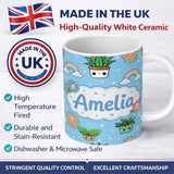 Personalized Custom Name Cute Kawaii Tropical Plants Rainbow Sun Blue Background Seamless 11oz Ceramic Coffee Tea Mug White Large Handle