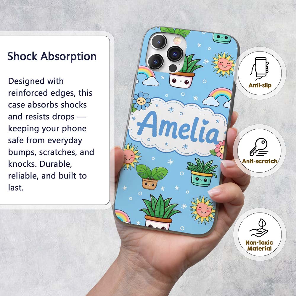 Cute Kawaii Tropical Plants Rainbow Sun Blue Custom Name Protective Phone Case Mobile Cover Durable Everyday Smartphone Shock Resistant