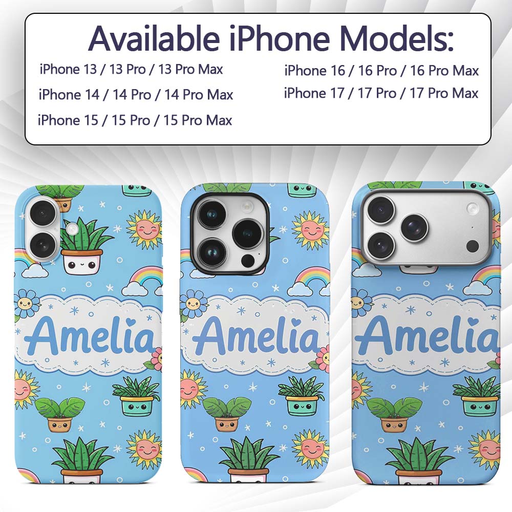 Cute Kawaii Tropical Plants Rainbow Sun Blue Custom Name Protective Phone Case Mobile Cover Durable Everyday Smartphone Shock Resistant