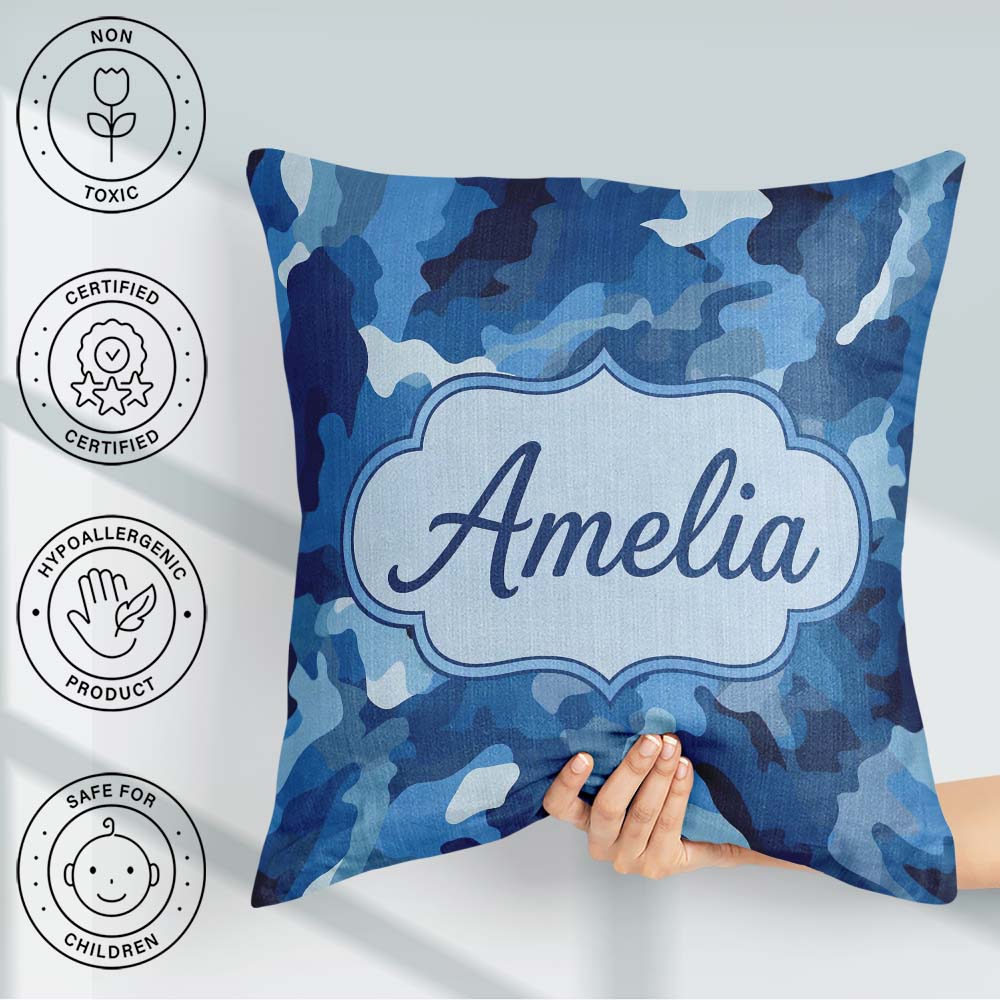 Custom Name Blue Tone Camouflage Abstract Modern Seamless Lovely Square Filled Cushion Throw Pillow Sofa Bed Home Decor Zip Washable UK Made