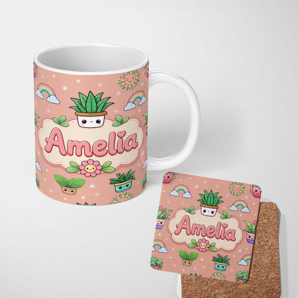 Personalized Custom Name Cute Kawaii Tropical Plants Rainbow Sun Peach Background Seamless 11oz Ceramic Coffee Tea Mug White Large Handle