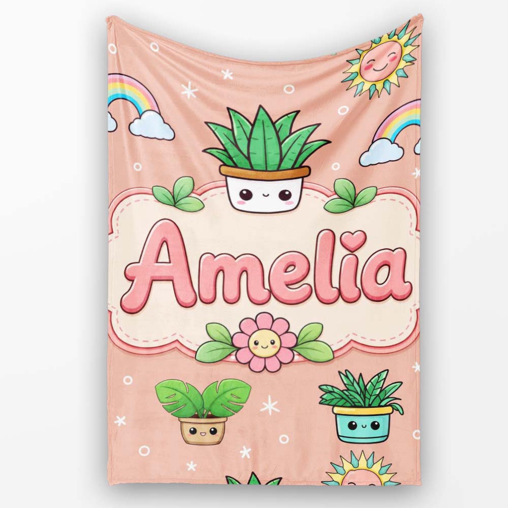 Cute Kawaii Tropical Plants Rainbow Sun Peach Background Seamless  Personalised Custom Name Super Soft Fleece Blanket Bed Sofa Throw