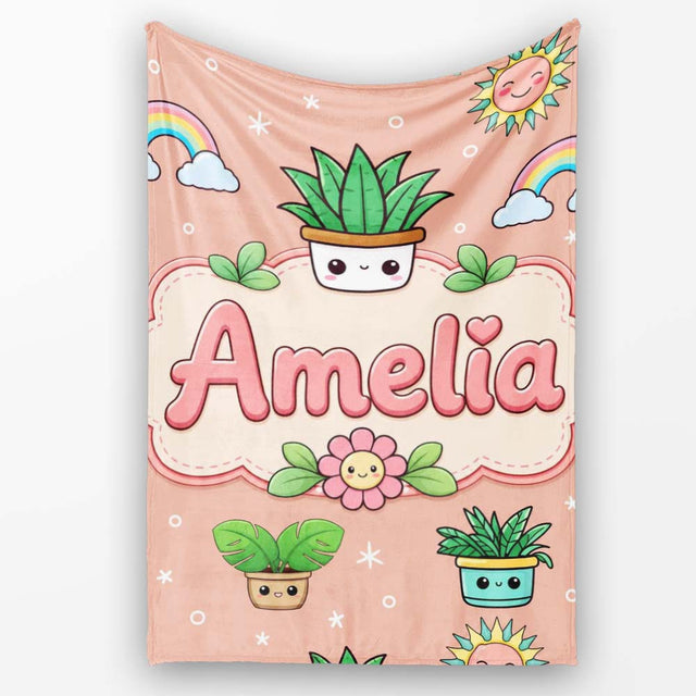 Cute Kawaii Tropical Plants Rainbow Sun Peach Background Seamless  Personalised Custom Name Super Soft Fleece Blanket Bed Sofa Throw