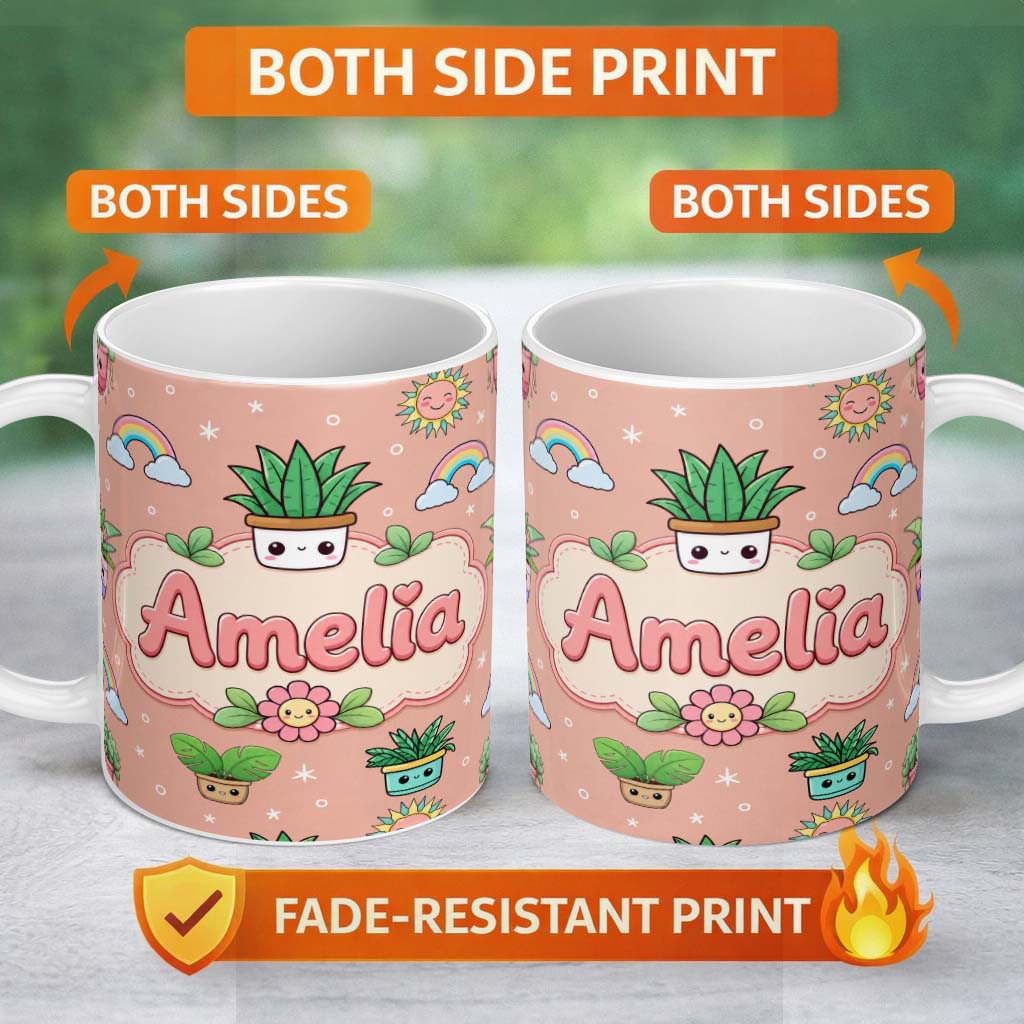 Personalized Custom Name Cute Kawaii Tropical Plants Rainbow Sun Peach Background Seamless 11oz Ceramic Coffee Tea Mug White Large Handle