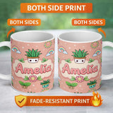 Personalized Custom Name Cute Kawaii Tropical Plants Rainbow Sun Peach Background Seamless 11oz Ceramic Coffee Tea Mug White Large Handle