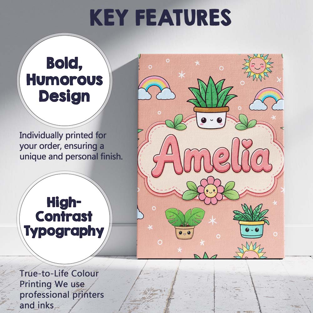 Personalised Name Cute Kawaii Tropical Custom  Modern Room Accent Elegant Feature Canvas Wall Art Print Decor Picture Ready to Hang