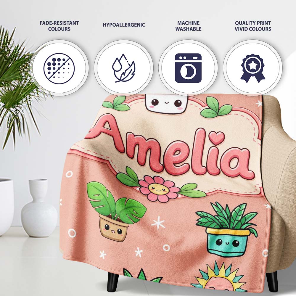 Cute Kawaii Tropical Plants Rainbow Sun Peach Background Seamless  Personalised Custom Name Super Soft Fleece Blanket Bed Sofa Throw
