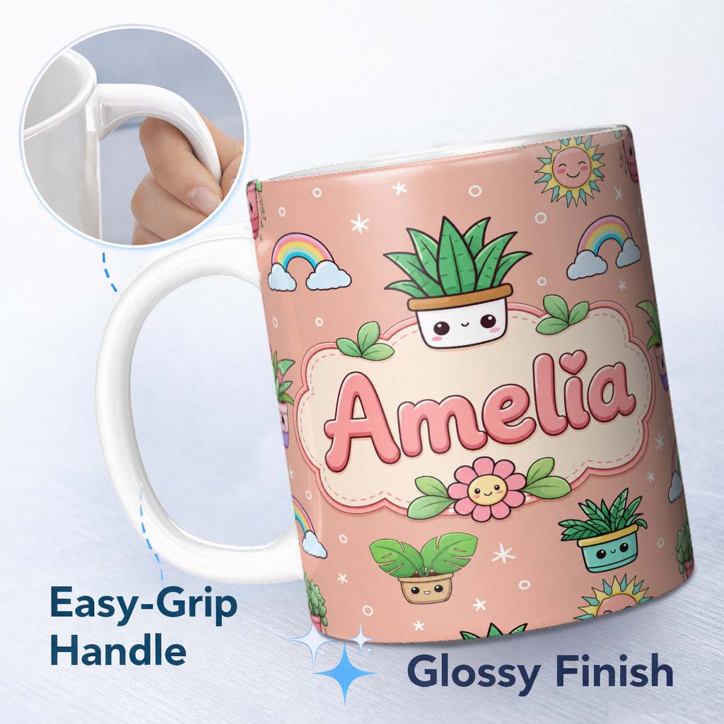 Personalized Custom Name Cute Kawaii Tropical Plants Rainbow Sun Peach Background Seamless 11oz Ceramic Coffee Tea Mug White Large Handle