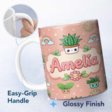 Personalized Custom Name Cute Kawaii Tropical Plants Rainbow Sun Peach Background Seamless 11oz Ceramic Coffee Tea Mug White Large Handle