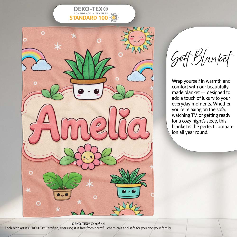 Cute Kawaii Tropical Plants Rainbow Sun Peach Background Seamless  Personalised Custom Name Super Soft Fleece Blanket Bed Sofa Throw