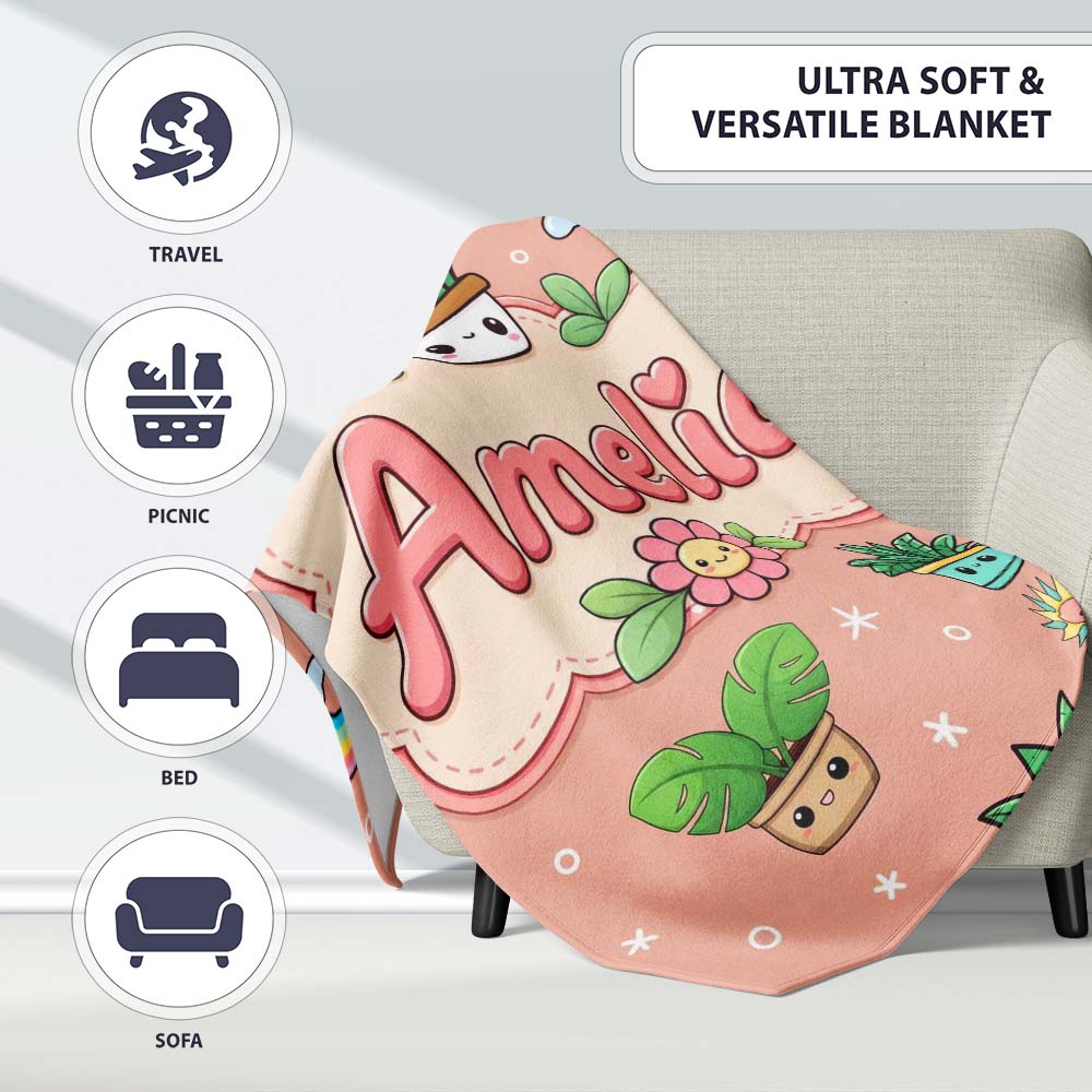 Cute Kawaii Tropical Plants Rainbow Sun Peach Background Seamless  Personalised Custom Name Super Soft Fleece Blanket Bed Sofa Throw