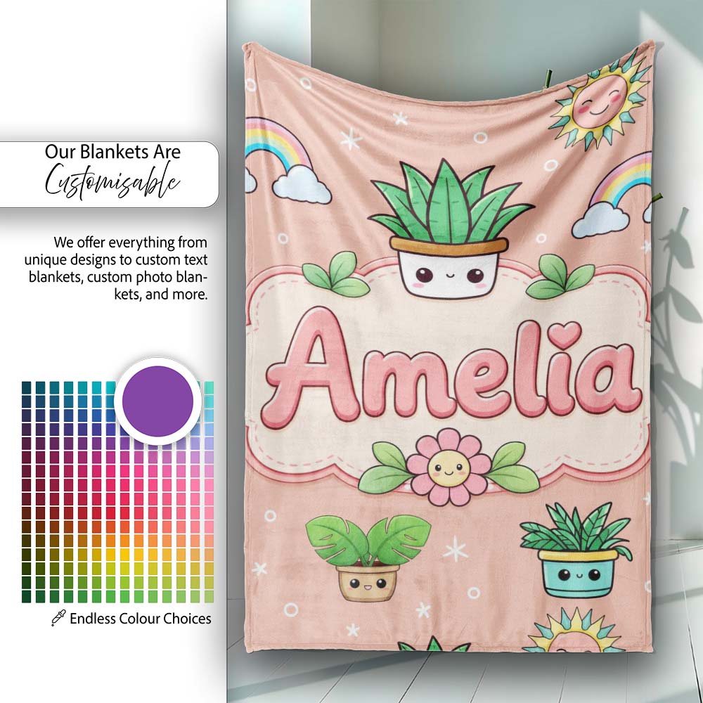 Cute Kawaii Tropical Plants Rainbow Sun Peach Background Seamless  Personalised Custom Name Super Soft Fleece Blanket Bed Sofa Throw