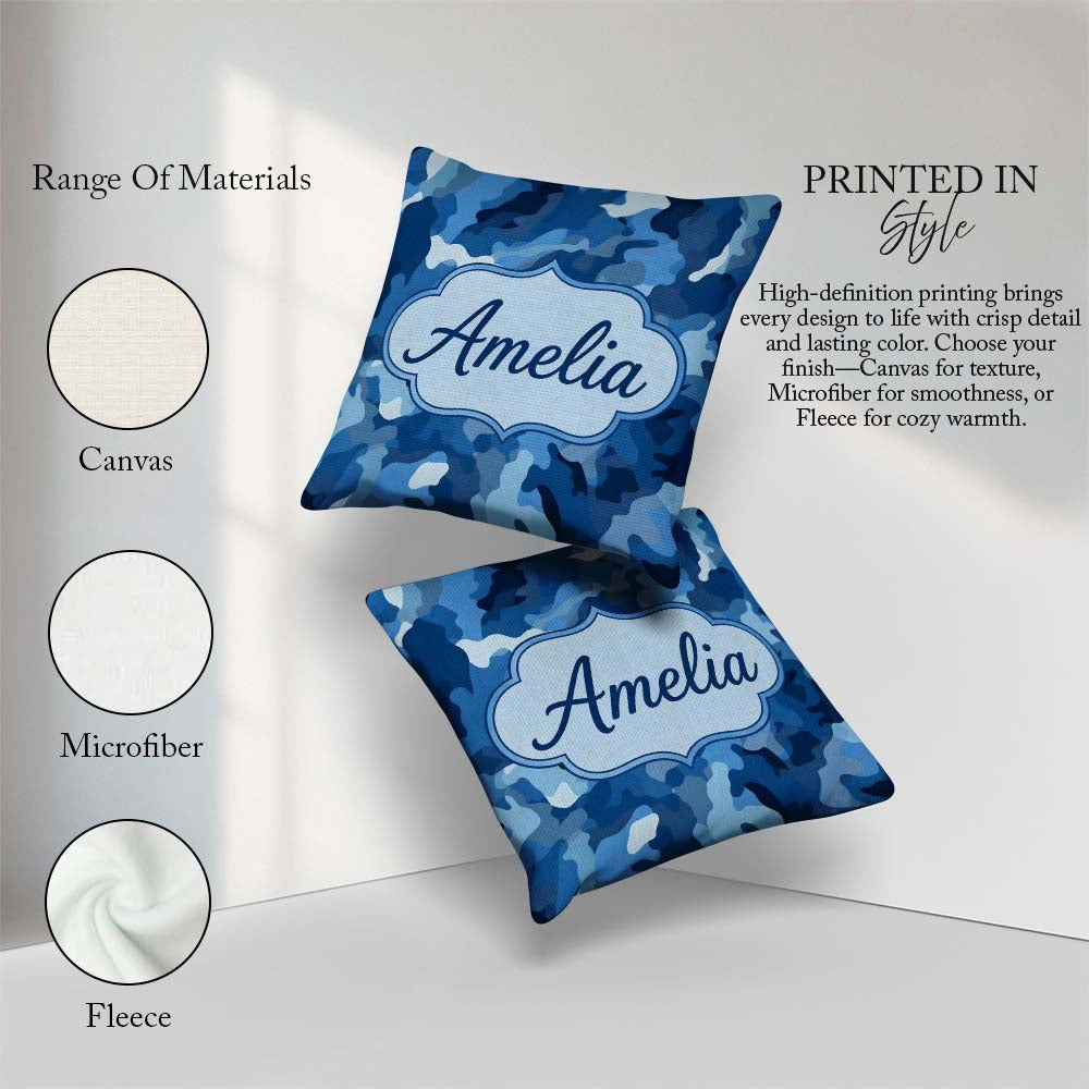 Custom Name Blue Tone Camouflage Abstract Modern Seamless Lovely Square Filled Cushion Throw Pillow Sofa Bed Home Decor Zip Washable UK Made