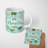 Personalized Custom Name Cute Kawaii Tropical Plants Rainbow Sun Mint Background Seamless 11oz Ceramic Coffee Tea Mug White Large Handle