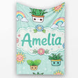 Cute Kawaii Tropical Plants Rainbow Sun Mint Background Seamless  Personalised Custom Name Super Soft Fleece Blanket Bed Sofa Throw