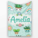 Cute Kawaii Tropical Plants Rainbow Sun Mint Background Seamless  Personalised Custom Name Super Soft Fleece Blanket Bed Sofa Throw