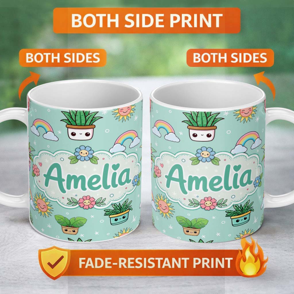 Personalized Custom Name Cute Kawaii Tropical Plants Rainbow Sun Mint Background Seamless 11oz Ceramic Coffee Tea Mug White Large Handle