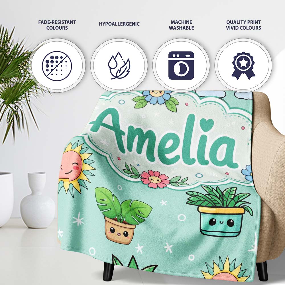 Cute Kawaii Tropical Plants Rainbow Sun Mint Background Seamless  Personalised Custom Name Super Soft Fleece Blanket Bed Sofa Throw