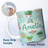 Personalized Custom Name Cute Kawaii Tropical Plants Rainbow Sun Mint Background Seamless 11oz Ceramic Coffee Tea Mug White Large Handle