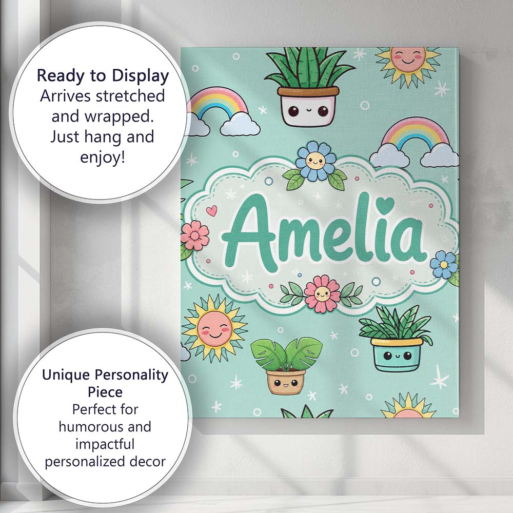 Personalised Name Cute Kawaii Tropical Custom  Modern Room Accent Elegant Feature Canvas Wall Art Print Decor Picture Ready to Hang