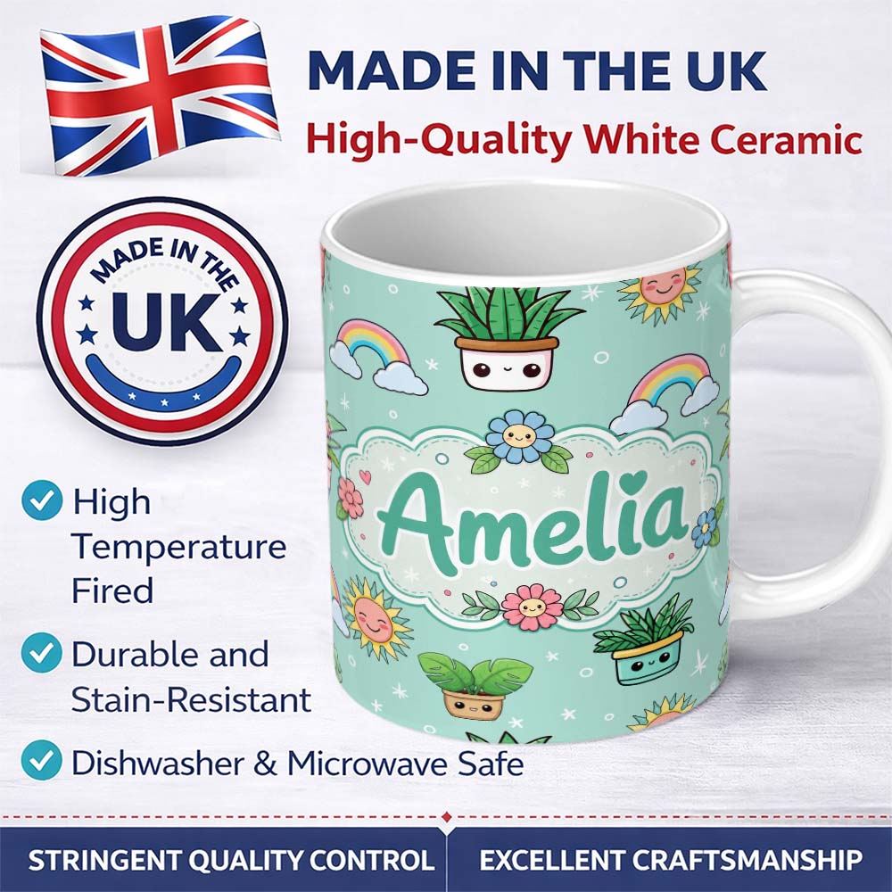 Personalized Custom Name Cute Kawaii Tropical Plants Rainbow Sun Mint Background Seamless 11oz Ceramic Coffee Tea Mug White Large Handle