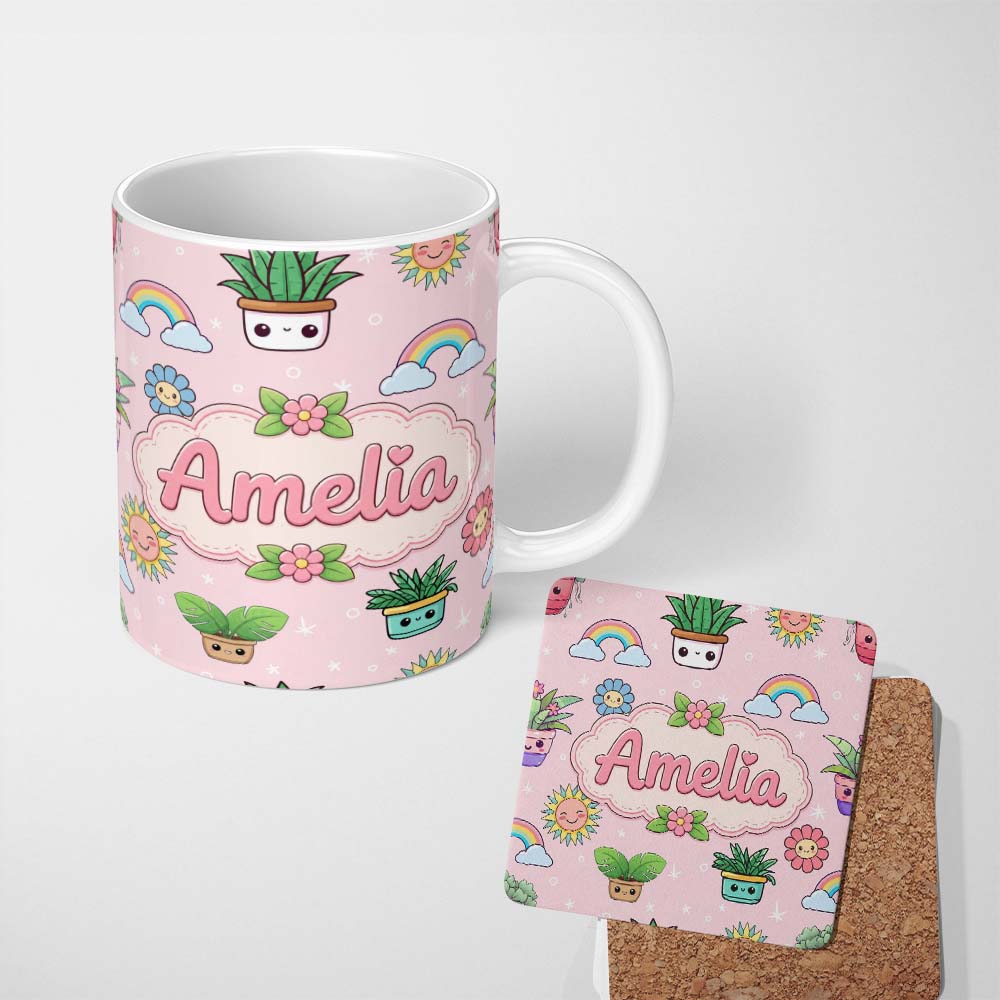 Personalized Custom Name Cute Kawaii Tropical Plants Rainbow Sun Soft Pink Background 11oz Ceramic Coffee Tea Mug White Large Handle
