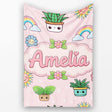 Cute Kawaii Tropical Plants Rainbow Sun Soft Pink Background  Personalised Custom Name Super Soft Fleece Blanket Bed Sofa Throw
