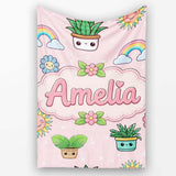 Cute Kawaii Tropical Plants Rainbow Sun Soft Pink Background  Personalised Custom Name Super Soft Fleece Blanket Bed Sofa Throw