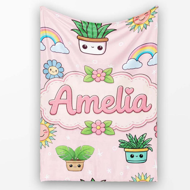 Cute Kawaii Tropical Plants Rainbow Sun Soft Pink Background  Personalised Custom Name Super Soft Fleece Blanket Bed Sofa Throw
