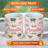 Personalized Custom Name Cute Kawaii Tropical Plants Rainbow Sun Soft Pink Background 11oz Ceramic Coffee Tea Mug White Large Handle