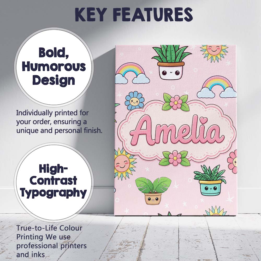 Personalised Name Cute Kawaii Tropical Custom  Modern Room Accent Elegant Feature Canvas Wall Art Print Decor Picture Ready to Hang