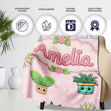 Cute Kawaii Tropical Plants Rainbow Sun Soft Pink Background  Personalised Custom Name Super Soft Fleece Blanket Bed Sofa Throw