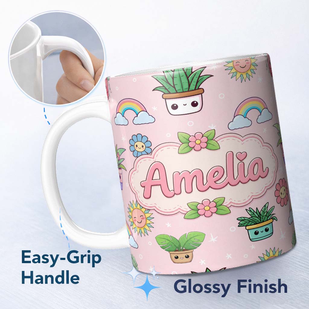 Personalized Custom Name Cute Kawaii Tropical Plants Rainbow Sun Soft Pink Background 11oz Ceramic Coffee Tea Mug White Large Handle