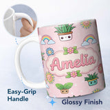 Personalized Custom Name Cute Kawaii Tropical Plants Rainbow Sun Soft Pink Background 11oz Ceramic Coffee Tea Mug White Large Handle
