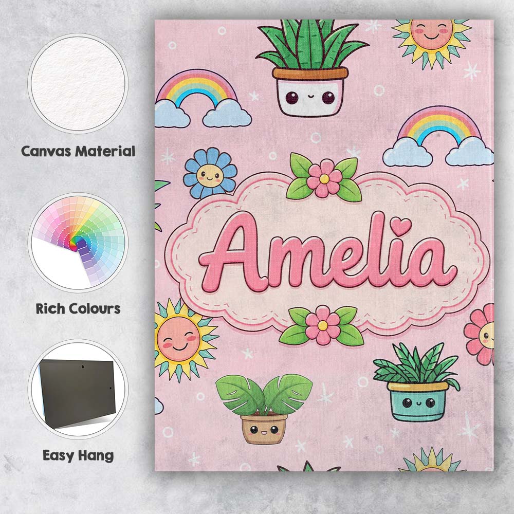 Personalised Name Cute Kawaii Tropical Custom  Modern Room Accent Elegant Feature Canvas Wall Art Print Decor Picture Ready to Hang