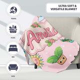 Cute Kawaii Tropical Plants Rainbow Sun Soft Pink Background  Personalised Custom Name Super Soft Fleece Blanket Bed Sofa Throw