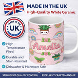 Personalized Custom Name Cute Kawaii Tropical Plants Rainbow Sun Soft Pink Background 11oz Ceramic Coffee Tea Mug White Large Handle