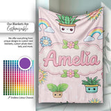 Cute Kawaii Tropical Plants Rainbow Sun Soft Pink Background  Personalised Custom Name Super Soft Fleece Blanket Bed Sofa Throw