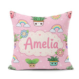 Custom Name Cute Kawaii Plants Rainbow Sun Blush Pink Background Square Filled Cushion Throw Pillow Sofa Bed Home Decor Zip Washable UK Made