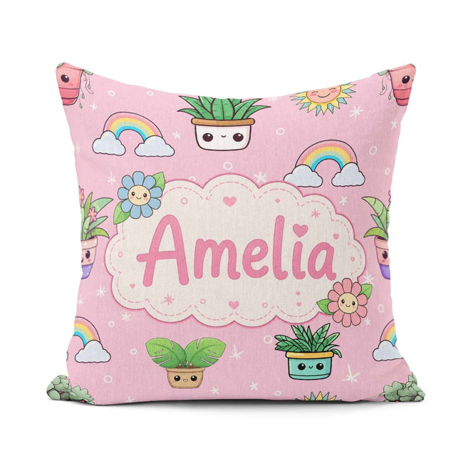 Custom Name Cute Kawaii Plants Rainbow Sun Blush Pink Background Square Filled Cushion Throw Pillow Sofa Bed Home Decor Zip Washable UK Made