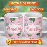 Personalized Custom Name Cute Kawaii Tropical Plants Rainbow Sun Blush Pink Background 11oz Ceramic Coffee Tea Mug White Large Handle
