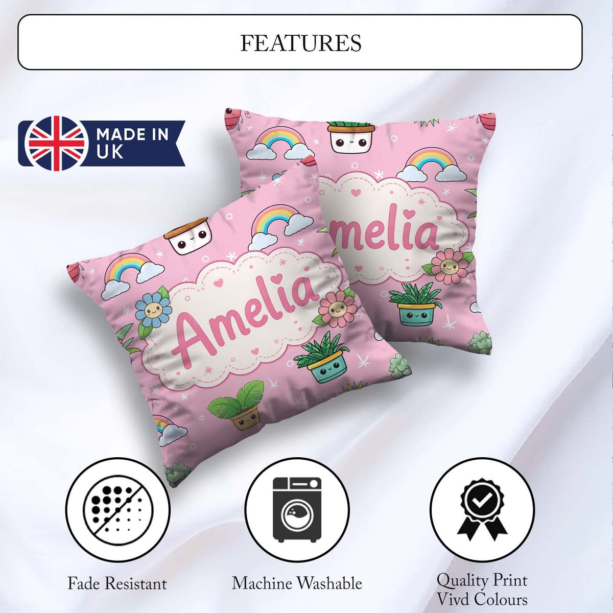 Custom Name Cute Kawaii Plants Rainbow Sun Blush Pink Background Square Filled Cushion Throw Pillow Sofa Bed Home Decor Zip Washable UK Made