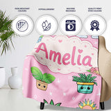Cute Kawaii Tropical Plants Rainbow Sun Blush Pink Background  Personalised Custom Name Super Soft Fleece Blanket Bed Sofa Throw